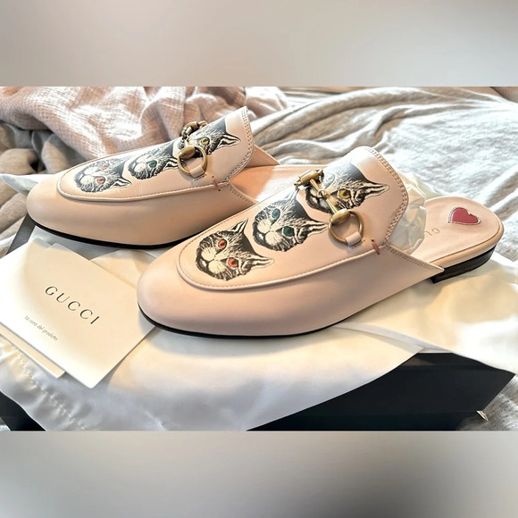 NIB Gucci Pink Leather Mystic Cat Princetown Mules Flats Size 37 - Picture 7 of 12